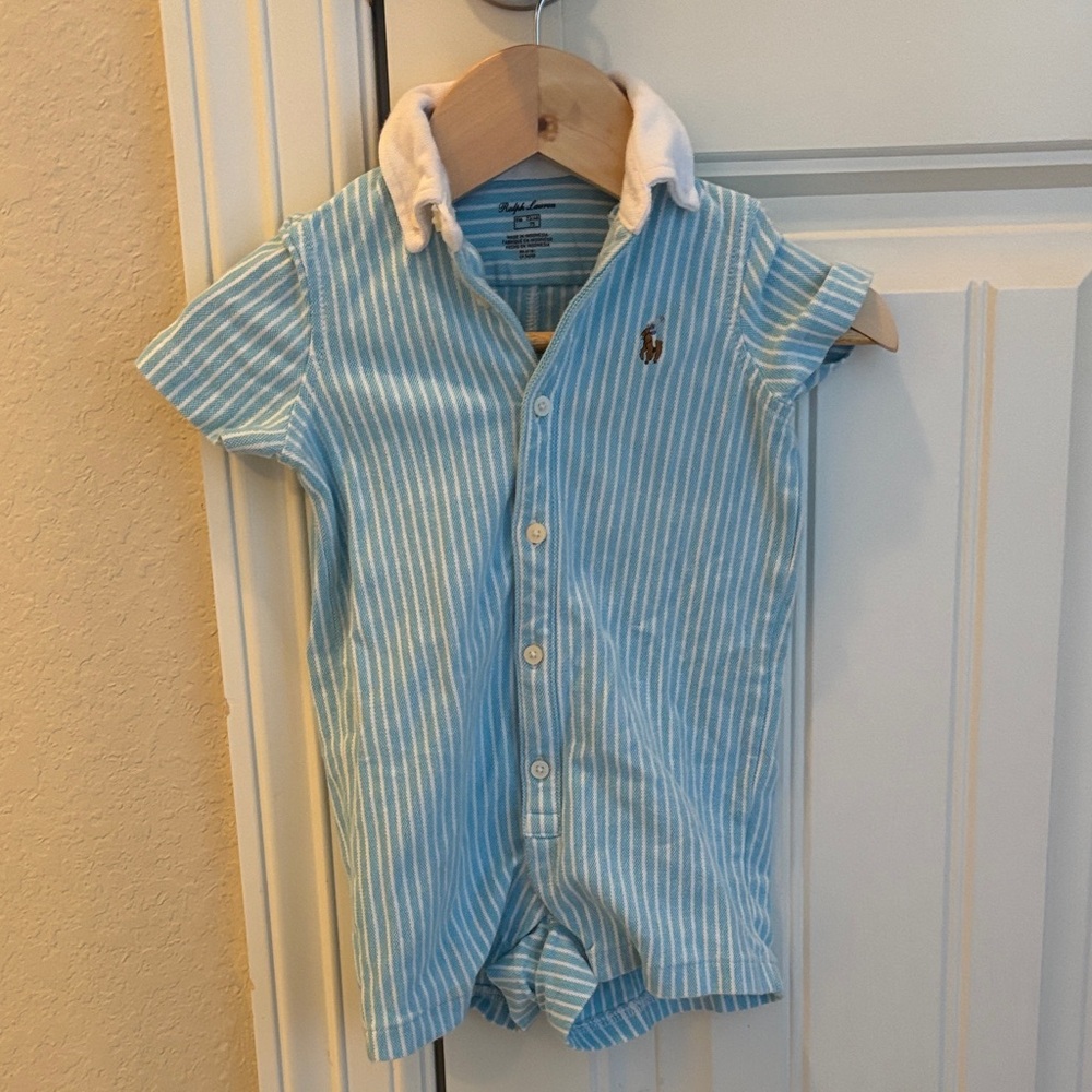 Ralph Lauren Light Blue Striped Kids Button Down Onsie